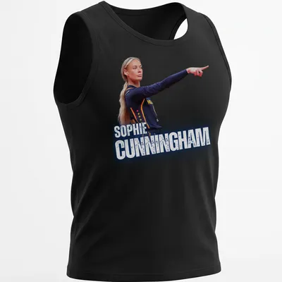Sporty t-shirt featuring Sophie Cunningham in bold blue, white, yellow, and red typography — printed on a tank top