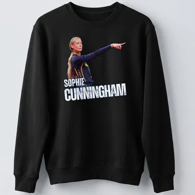 Sporty t-shirt featuring Sophie Cunningham in bold blue, white, yellow, and red typography — printed on a unisex sweatshirt
