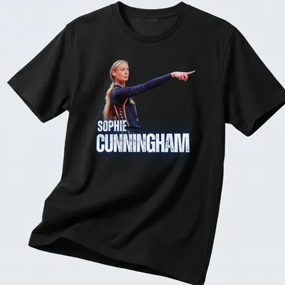Sporty t-shirt featuring Sophie Cunningham in bold blue, white, yellow, and red typography