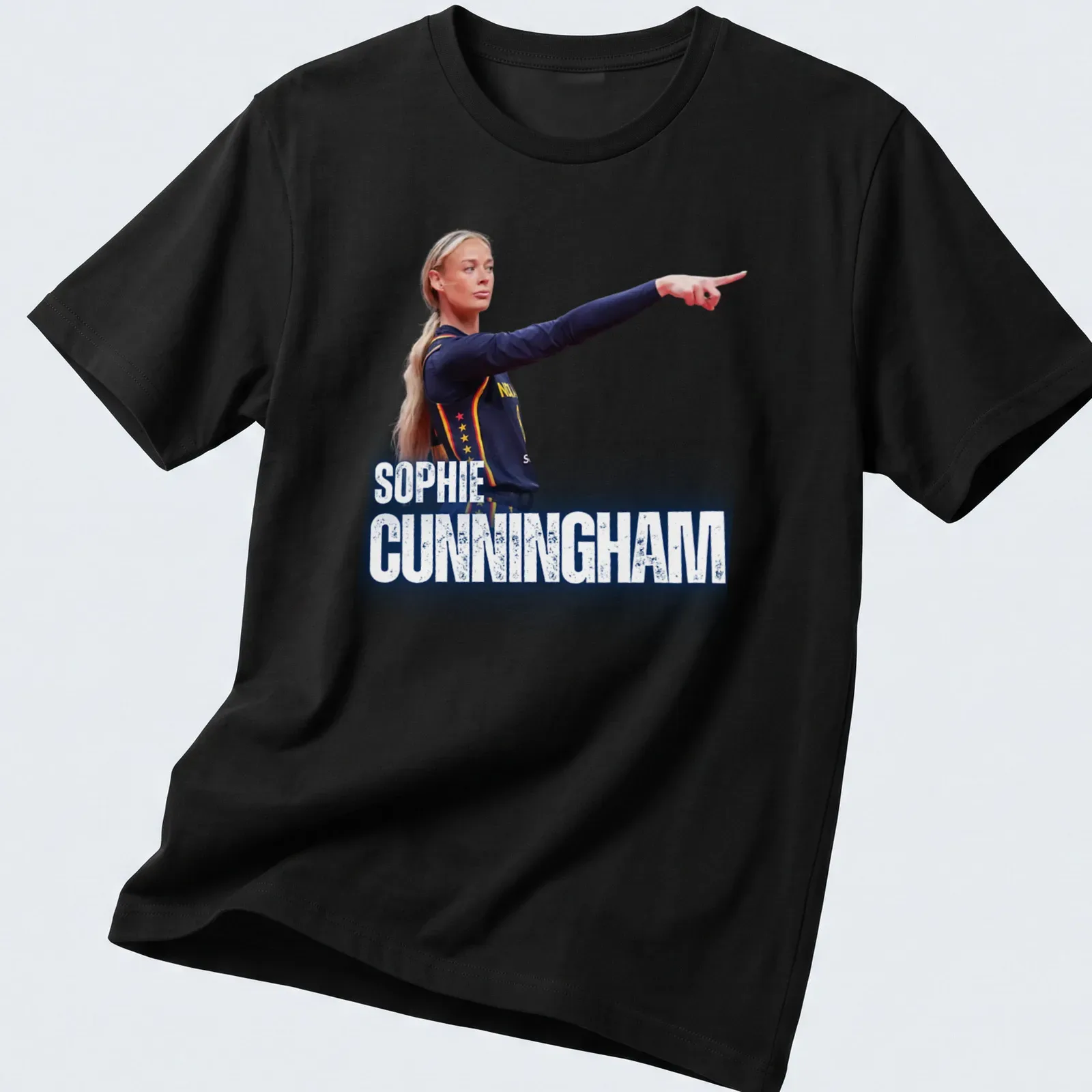 Sporty t-shirt featuring Sophie Cunningham in bold blue, white, yellow, and red typography — printed on a unisex t-shirt