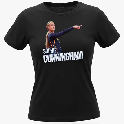 Sporty t-shirt featuring Sophie Cunningham in bold blue, white, yellow, and red typography — printed on a women's shirt