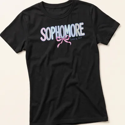 Playful floral design featuring a Coquette Bow with the text 'SOPHOMORE Class of 2029' — printed on a women's shirt