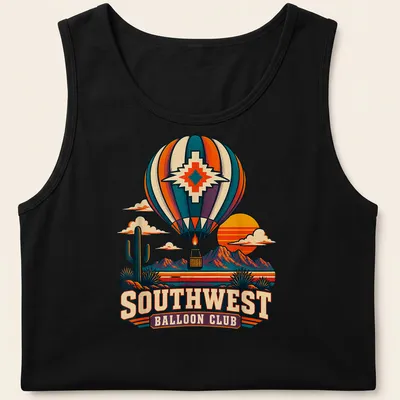 Retro vintage print of a hot air balloon with colorful Southwest Balloon Club lettering — printed on a tank top