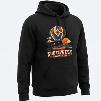 Retro vintage print of a hot air balloon with colorful Southwest Balloon Club lettering — printed on a unisex hoodie