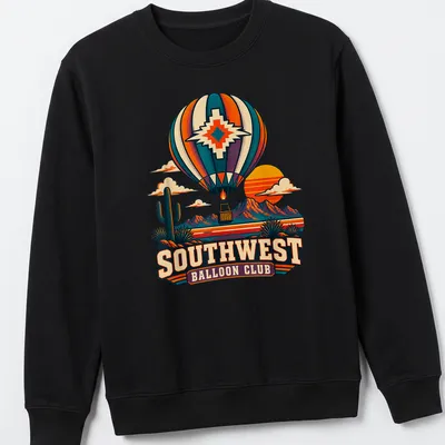Retro vintage print of a hot air balloon with colorful Southwest Balloon Club lettering — printed on a unisex sweatshirt