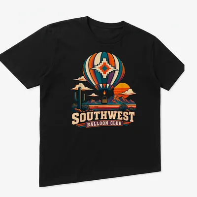 Retro vintage print of a hot air balloon with colorful Southwest Balloon Club lettering — printed on a unisex t-shirt (angled view)