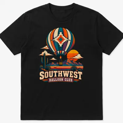 Retro vintage print of a hot air balloon with colorful Southwest Balloon Club lettering
