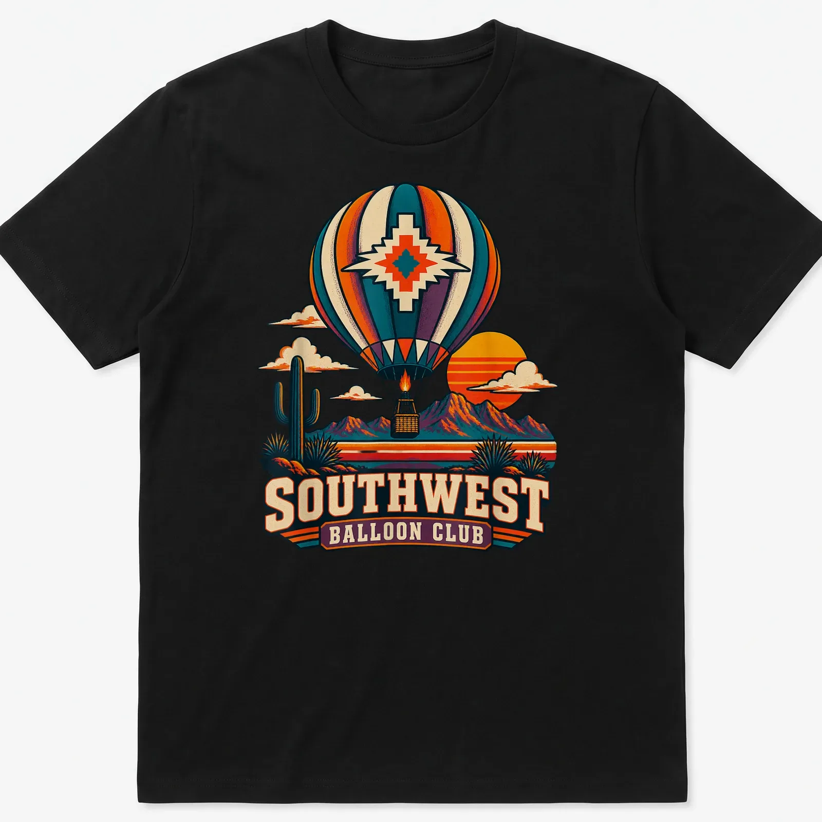 Retro vintage print of a hot air balloon with colorful Southwest Balloon Club lettering — printed on a unisex t-shirt