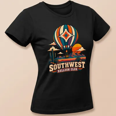 Retro vintage print of a hot air balloon with colorful Southwest Balloon Club lettering — printed on a women's shirt