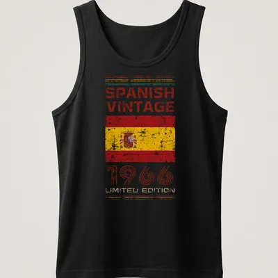 Vintage distressed t-shirt featuring the Spanish flag and text about 1966 edition — printed on a tank top