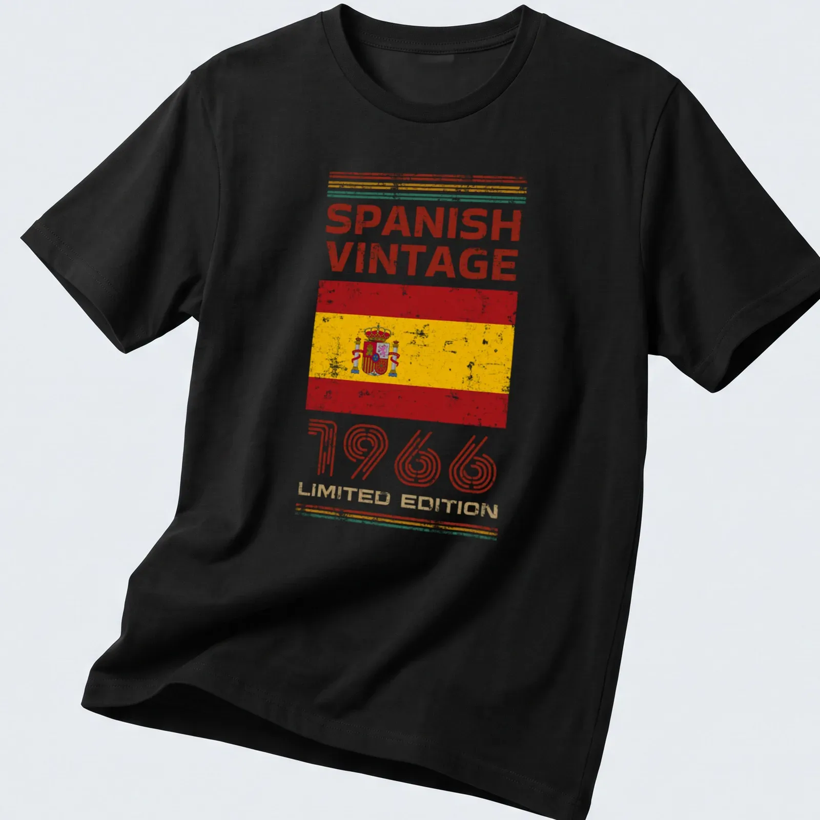 Vintage distressed t-shirt featuring the Spanish flag and text about 1966 edition — printed on a unisex t-shirt