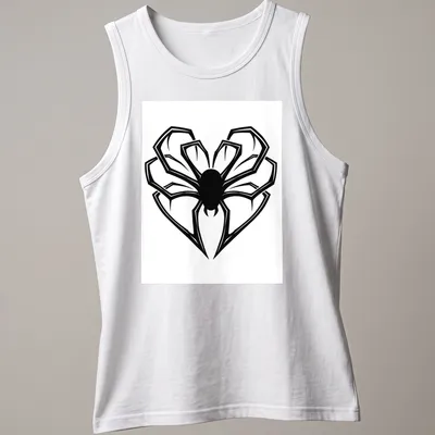 Bold graphic of a spider with heart-shaped legs on a black — printed on a tank top