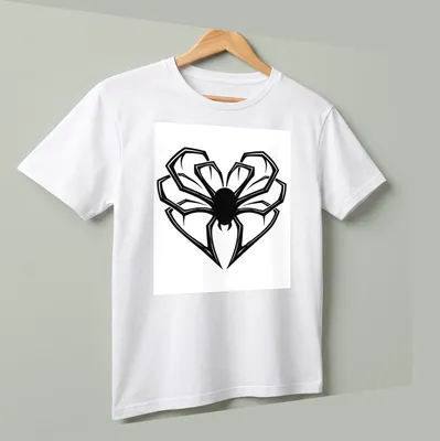 Bold graphic of a spider with heart-shaped legs on a black — printed on a unisex t-shirt (angled view)