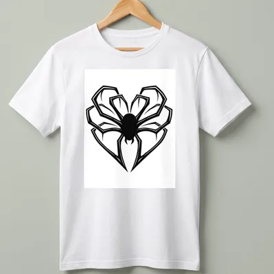 Bold graphic of a spider with heart-shaped legs on a black t-shirt