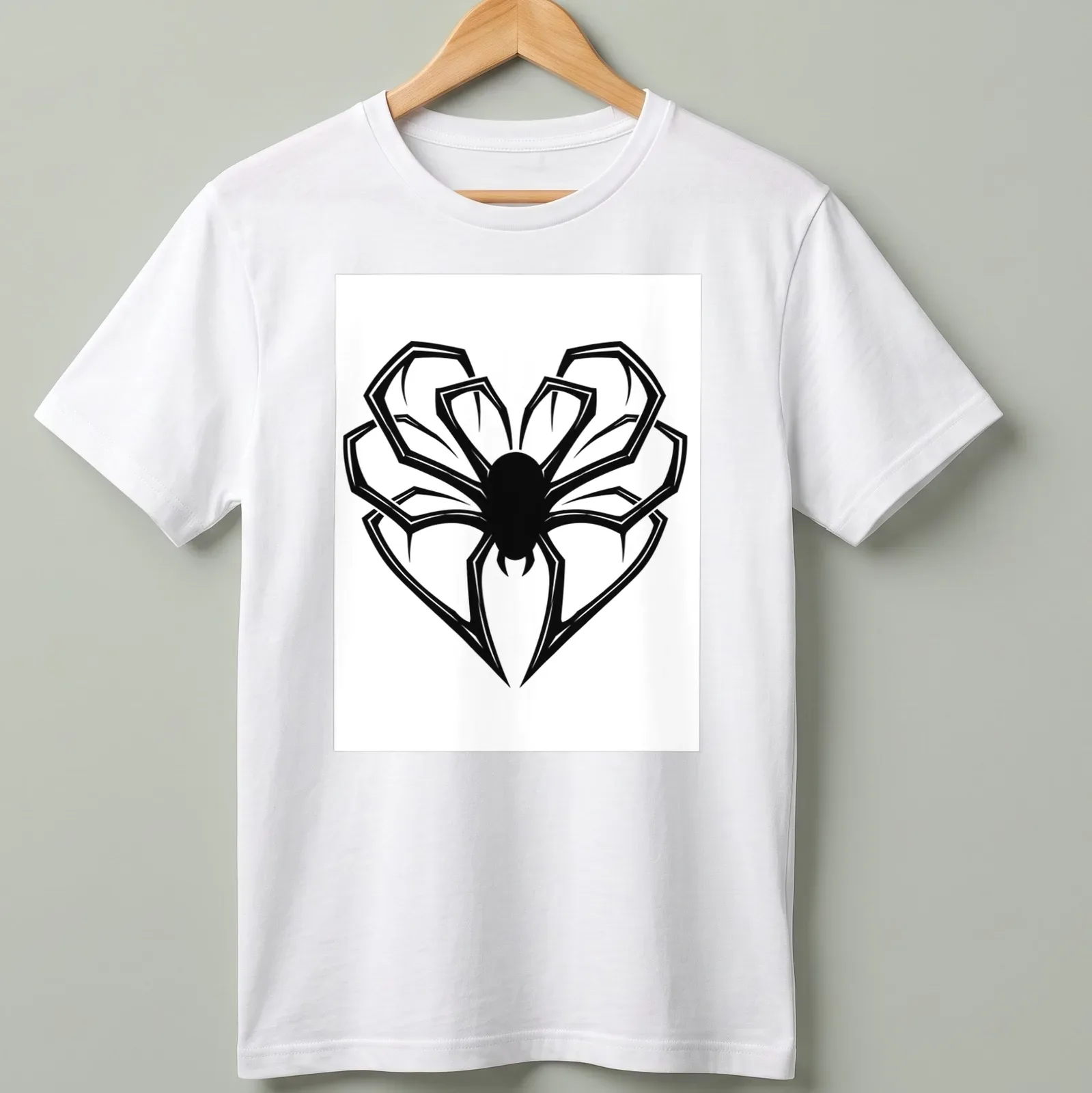Bold graphic of a spider with heart-shaped legs on a black — printed on a unisex t-shirt