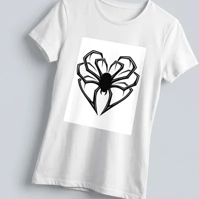 Bold graphic of a spider with heart-shaped legs on a black — printed on a women's shirt