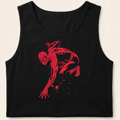 Spider-Man silhouette with splatter effects in dynamic colors of red, black, gold, and white — printed on a tank top