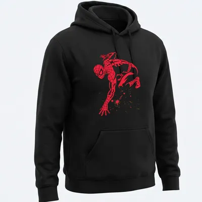 Spider-Man silhouette with splatter effects in dynamic colors of red, black, gold, and white — printed on a unisex hoodie
