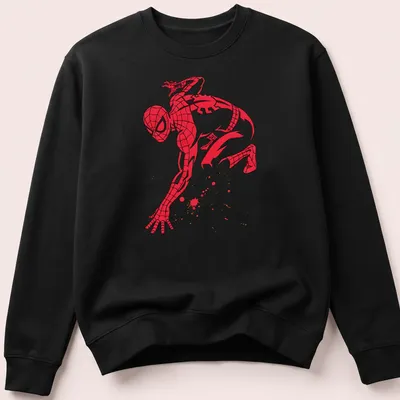Spider-Man silhouette with splatter effects in dynamic colors of red, black, gold, and white — printed on a unisex sweatshirt