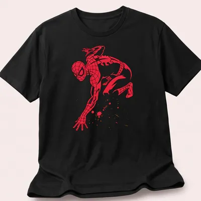 Spider-Man silhouette with splatter effects in dynamic colors of red, black, gold, and white