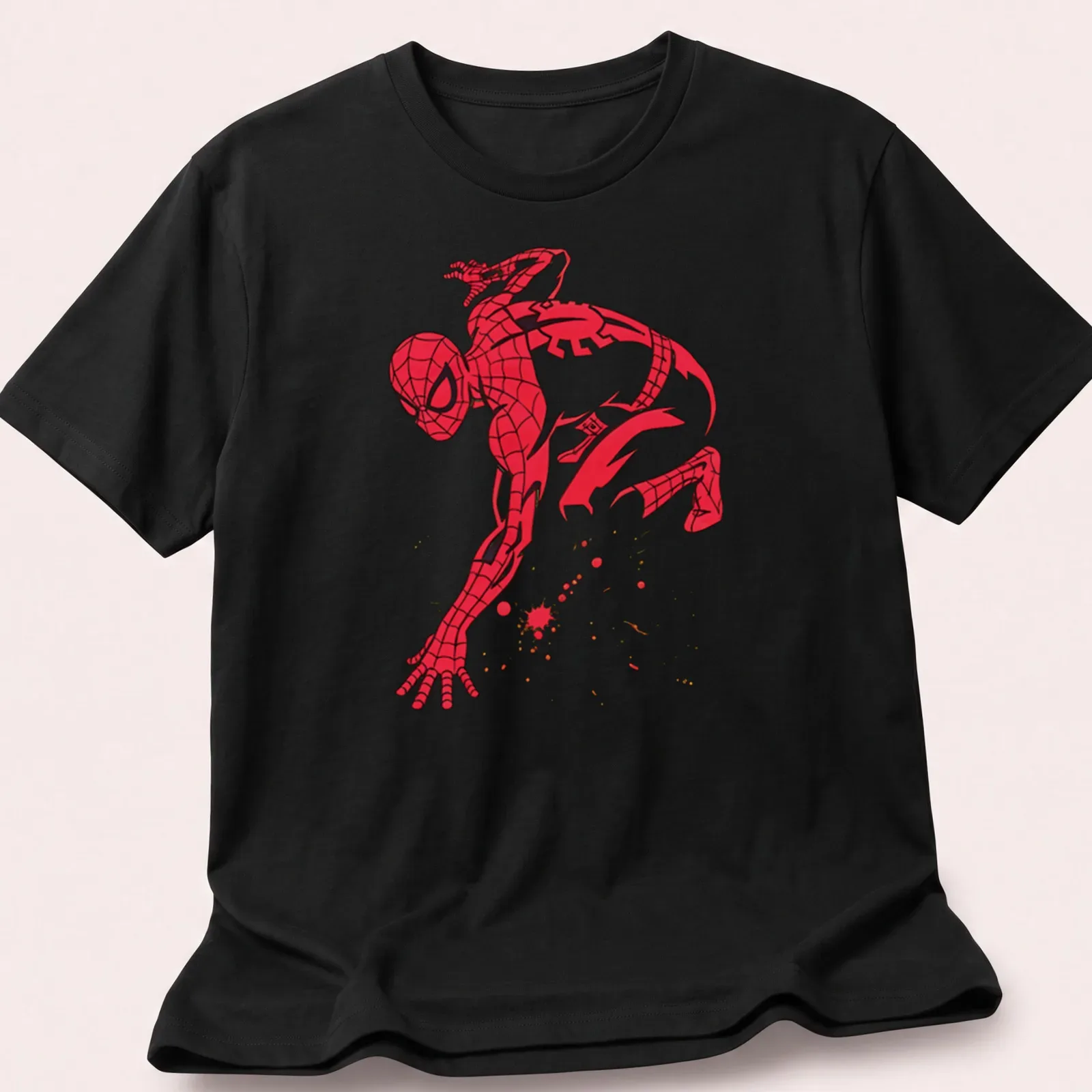 Spider-Man silhouette with splatter effects in dynamic colors of red, black, gold, and white — printed on a unisex t-shirt