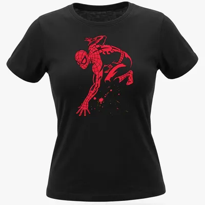 Spider-Man silhouette with splatter effects in dynamic colors of red, black, gold, and white — printed on a women's shirt