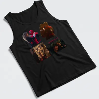 Collage of Spider-Man and MJ with bold text 'spideymj 3' in red and black. — printed on a tank top