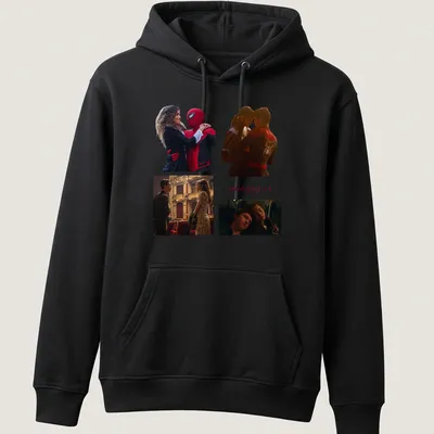 Collage of Spider-Man and MJ with bold text 'spideymj 3' in red and black. — printed on a unisex hoodie