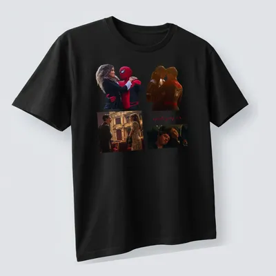 Collage of Spider-Man and MJ with bold text 'spideymj 3' in red and black. — printed on a unisex t-shirt (angled view)
