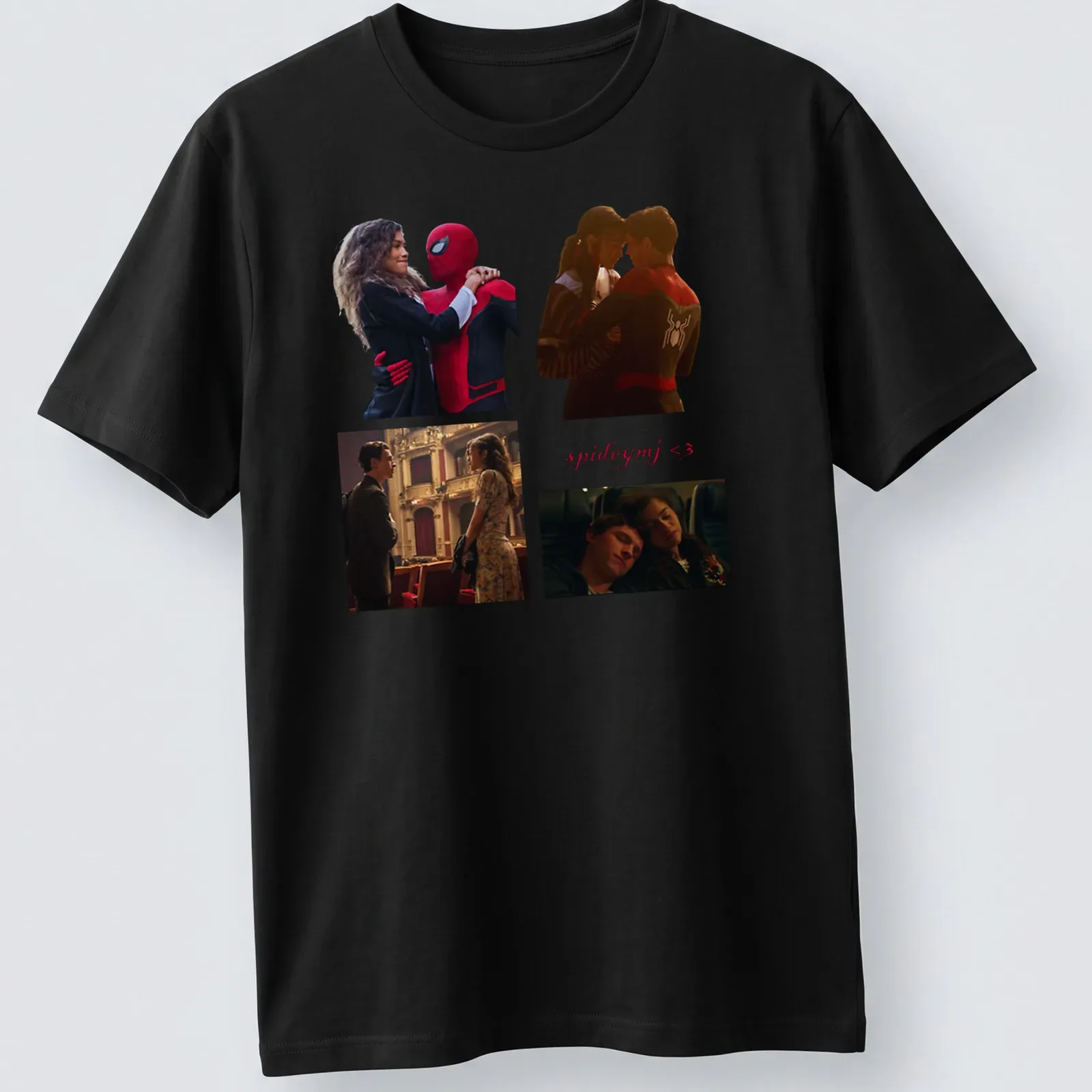 Collage of Spider-Man and MJ with bold text 'spideymj 3' in red and black. — printed on a unisex t-shirt