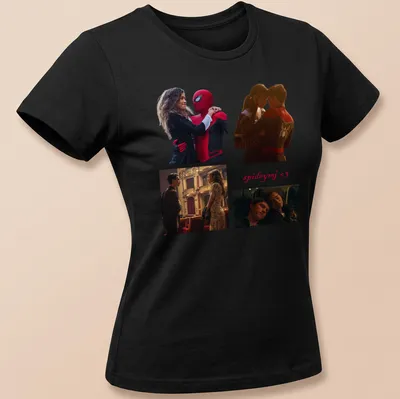 Collage of Spider-Man and MJ with bold text 'spideymj 3' in red and black. — printed on a women's shirt