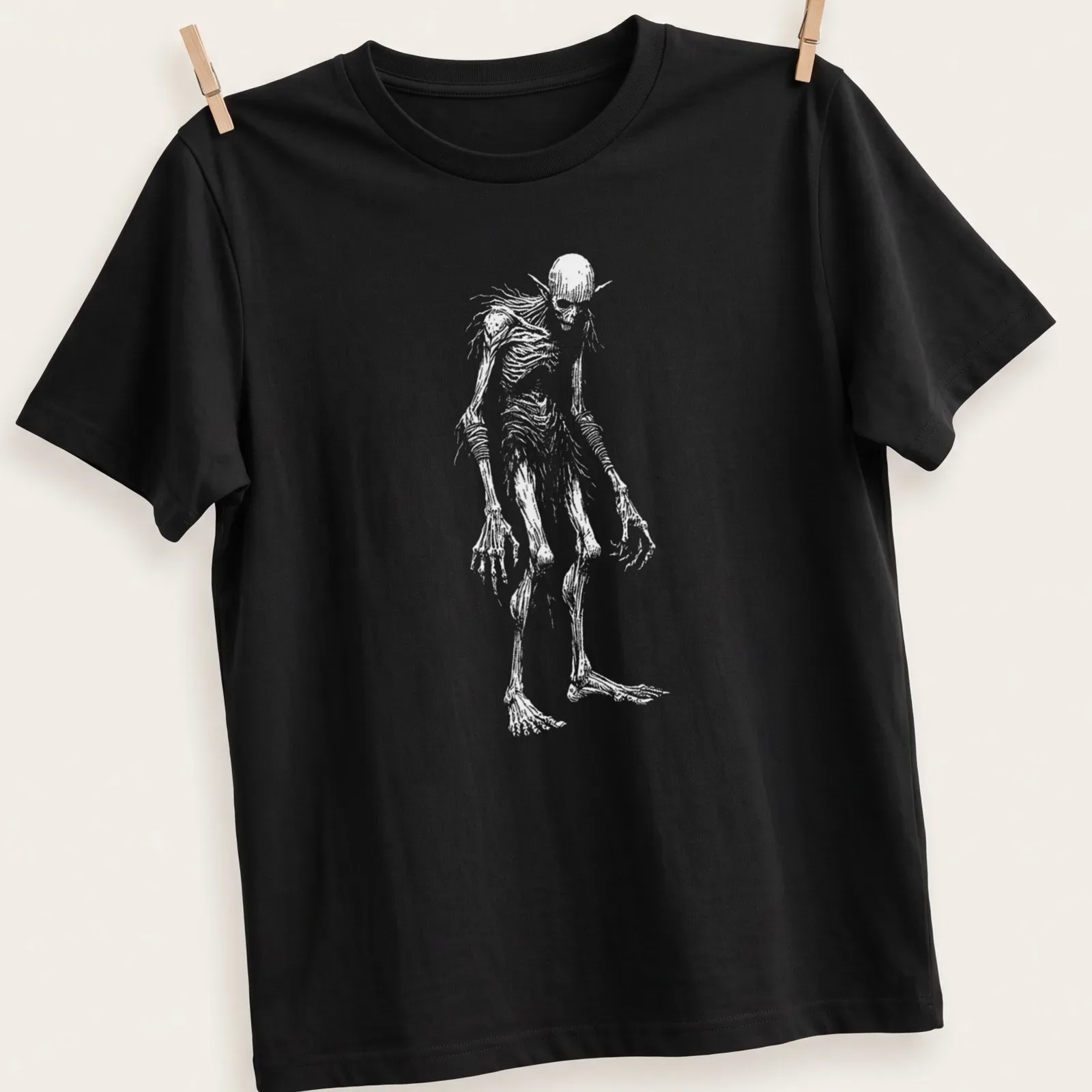 Sketch-style illustration of a graceful spirit creature in white and gray. — printed on a unisex t-shirt