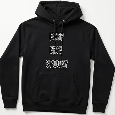 Dripping font t-shirt with Keep Erie Spooky design in black and white — printed on a unisex hoodie