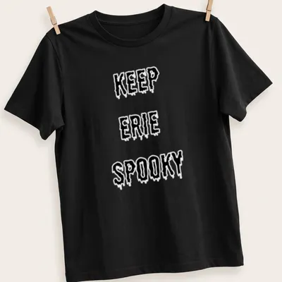 Dripping font t-shirt with Keep Erie Spooky design in black and white