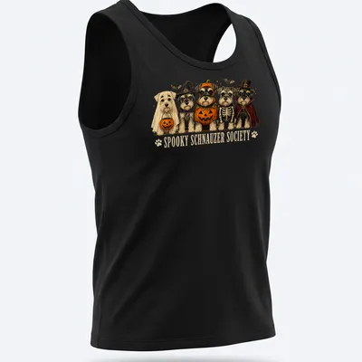 Whimsical illustration of Schnauzer dogs in Halloween skeleton costumes with colorful text above — printed on a tank top