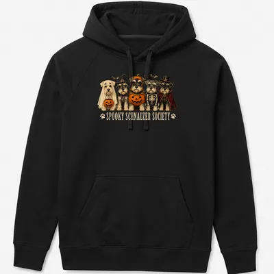 Whimsical illustration of Schnauzer dogs in Halloween skeleton costumes with colorful text above — printed on a unisex hoodie
