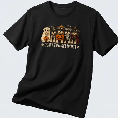 Whimsical illustration of Schnauzer dogs in Halloween skeleton costumes with colorful text above