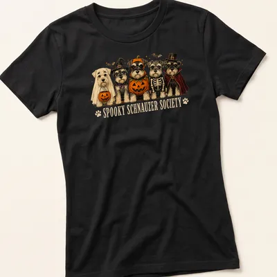 Whimsical illustration of Schnauzer dogs in Halloween skeleton costumes with colorful text above — printed on a women's shirt