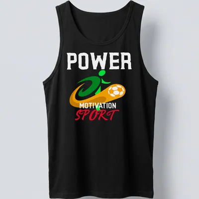 Soccer player illustration with 'Power Motivation Sport' text in vibrant colors — printed on a tank top
