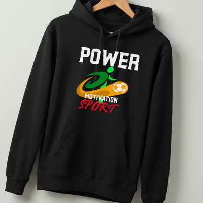 Soccer player illustration with 'Power Motivation Sport' text in vibrant colors — printed on a unisex hoodie