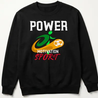 Soccer player illustration with 'Power Motivation Sport' text in vibrant colors — printed on a unisex sweatshirt
