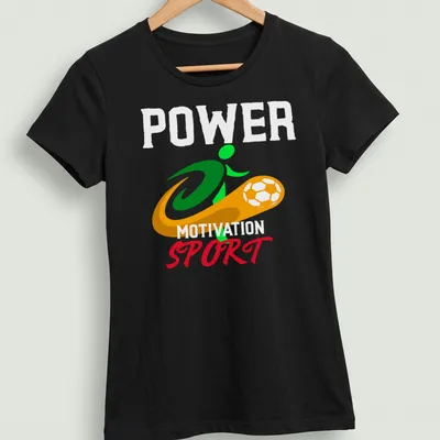 Soccer player illustration with 'Power Motivation Sport' text in vibrant colors — printed on a women's shirt
