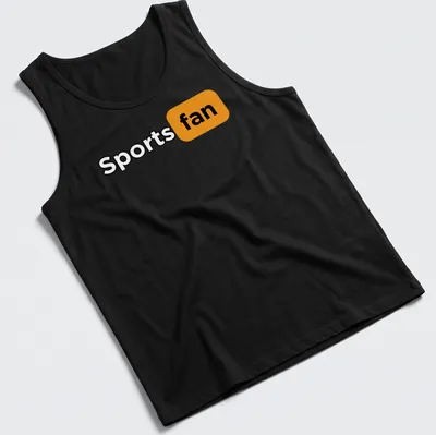 Bold typography Sports Fan t-shirt in black, orange, and white colors — printed on a tank top