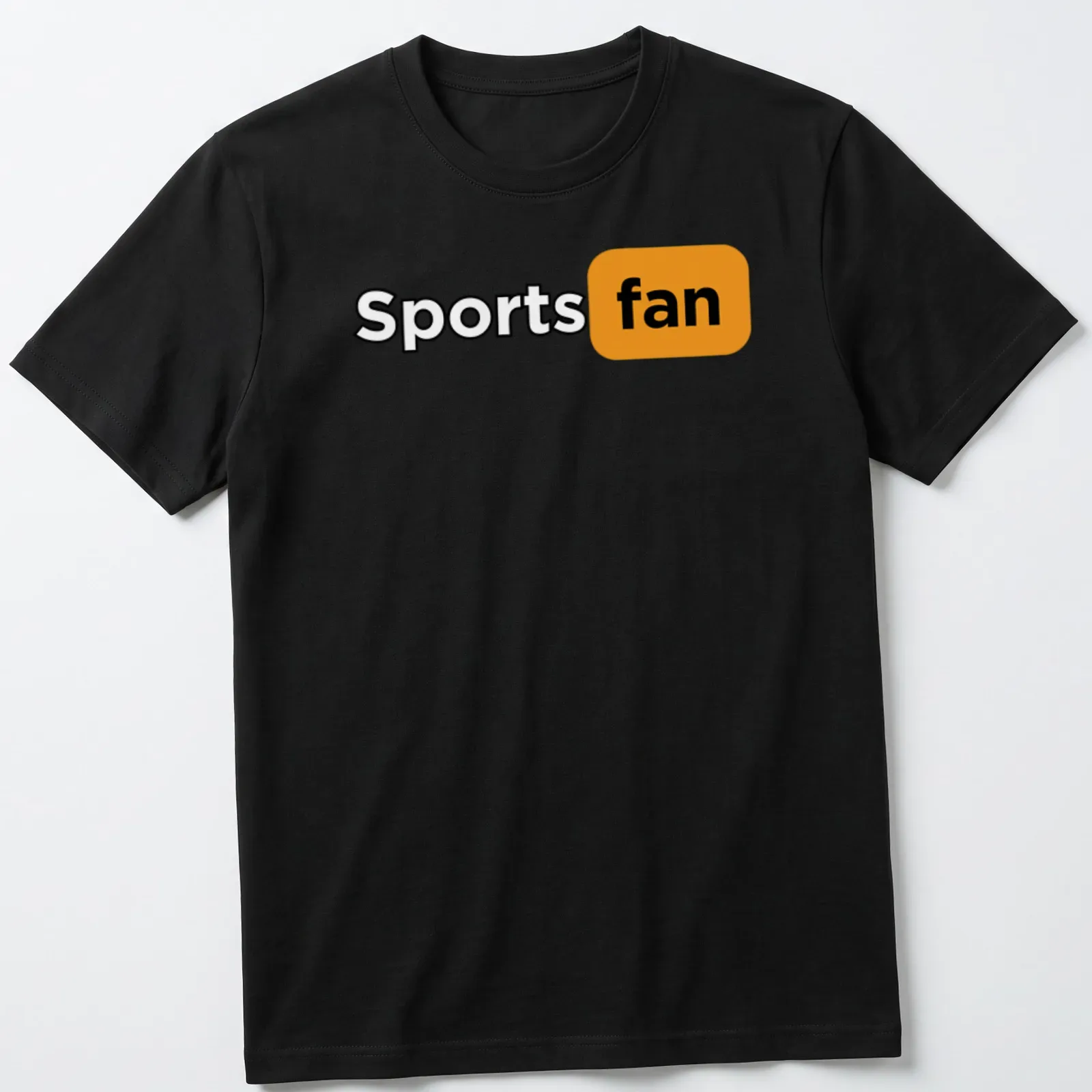 Bold typography Sports Fan t-shirt in black, orange, and white colors — printed on a unisex t-shirt