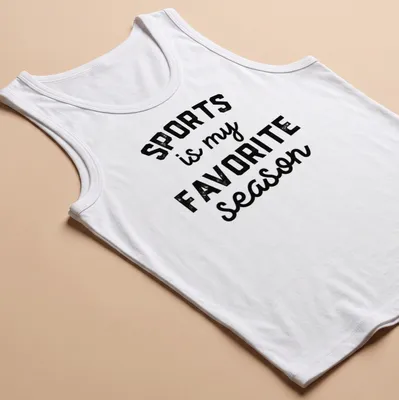 Bold vintage sports-themed t-shirt with black and white design — printed on a tank top