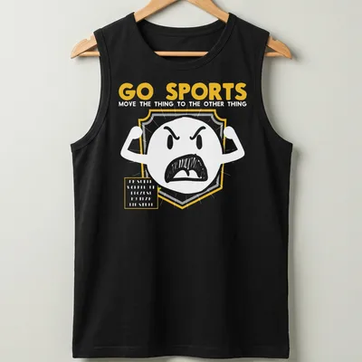 Bold sports shield graphic with GO SPORTS text in yellow, gray, and white — printed on a tank top