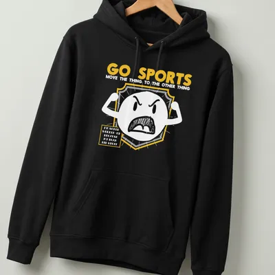 Bold sports shield graphic with GO SPORTS text in yellow, gray, and white — printed on a unisex hoodie