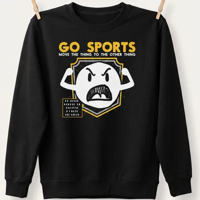 Bold sports shield graphic with GO SPORTS text in yellow, gray, and white — printed on a unisex sweatshirt