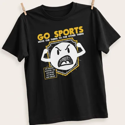 Bold sports shield graphic with GO SPORTS text in yellow, gray, and white