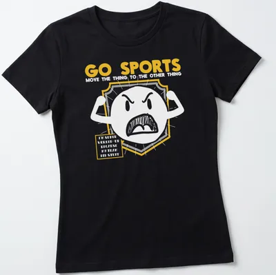 Bold sports shield graphic with GO SPORTS text in yellow, gray, and white — printed on a women's shirt